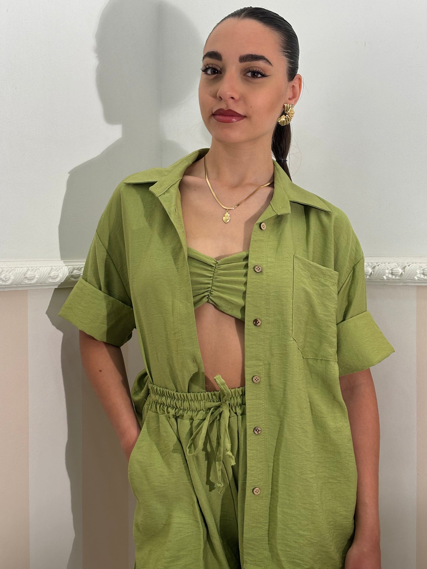 Coordinato Tris lino MIDI verde oliva